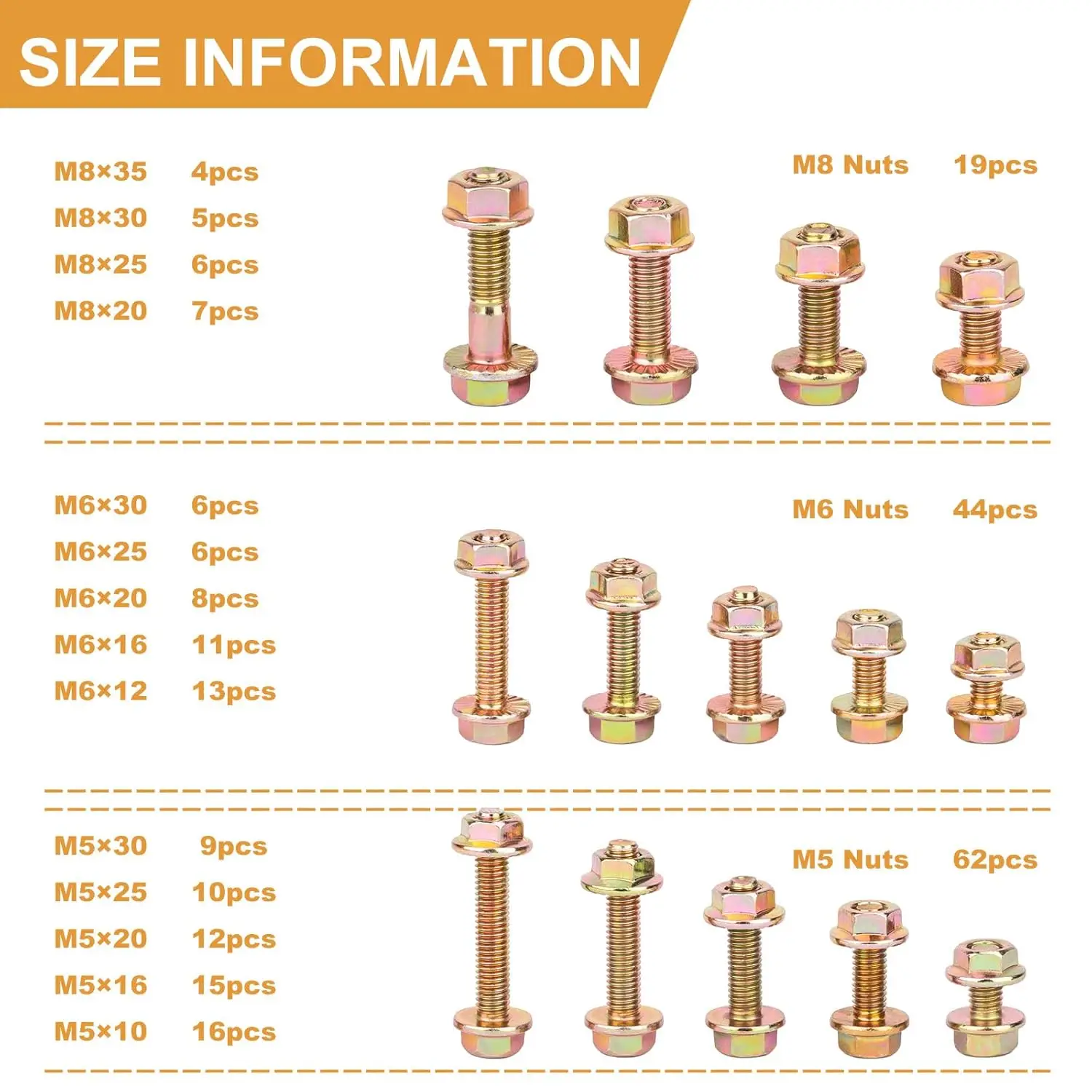 250-Piece 8.8 Grade Metric Bolt and Nut Combination Kit, M5 M6 M8 Flange Hex Nut and Bolt Kit, Yellow Zinc Plated
