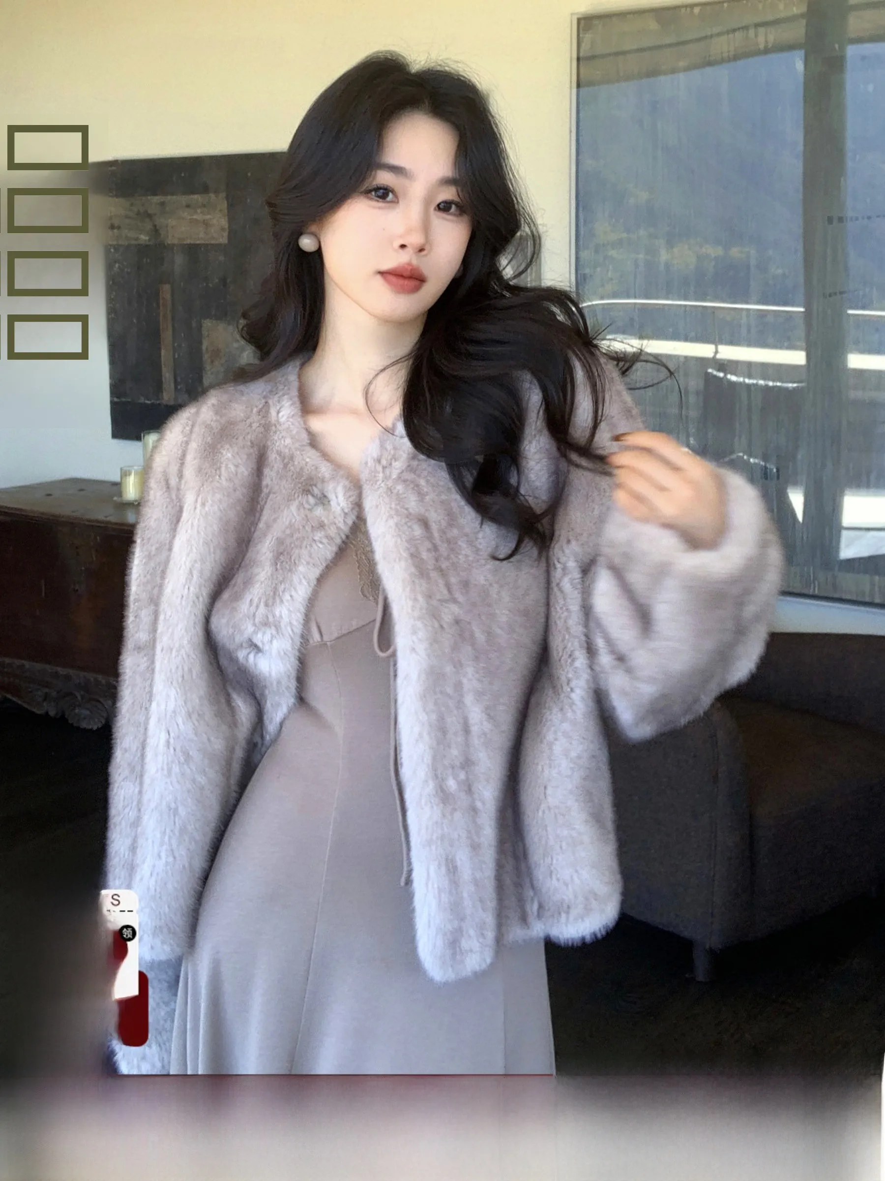 

Soft Plu Fur Jaet SYT Small Fraance Sle Fluffy Soft Artificial Fur Skin Inteated Coat Retro round Ne ort Sve