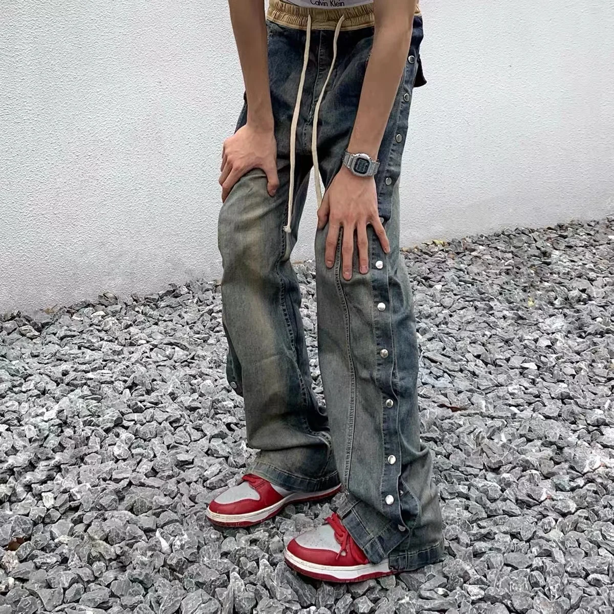 2022 Spring New Button Pants High Street Fashion Men's American Street Style Jeans Loose Straight Floor Mopping Casual Pants