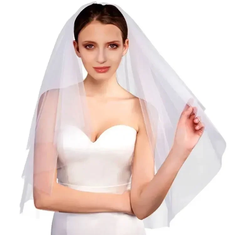 2 Tier Bridal Veil Wedding Vails Women's Simple Short Cut Edge Veils with Comb for Brides