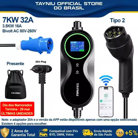 Carregador de Carro Elétrico TAYNIU APP 7KW 32A Wallbox 5M TIPO 2 3.5KW 16A 110V-220V Carregador Portátil para Veículos Elétricos com Adaptador e Bolsa para BYD GWM