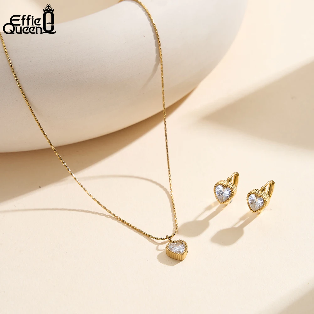 EFFIE QUEEN Stainless Steel Heart Choker Chain Shiny Zircon CZ Love Heart Pendant Necklace Vintage Jewelry Accessories STKN21