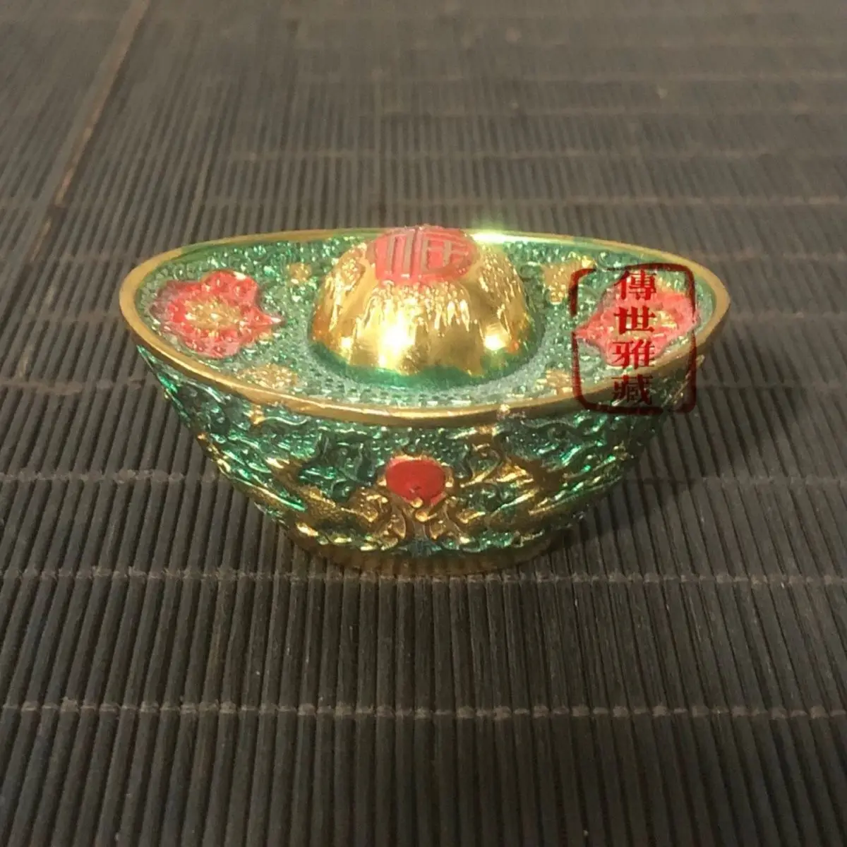 Enamel painted double dragons playing with pearls, longevity characters, gold ingots, retro gold ingots, gold nuggets