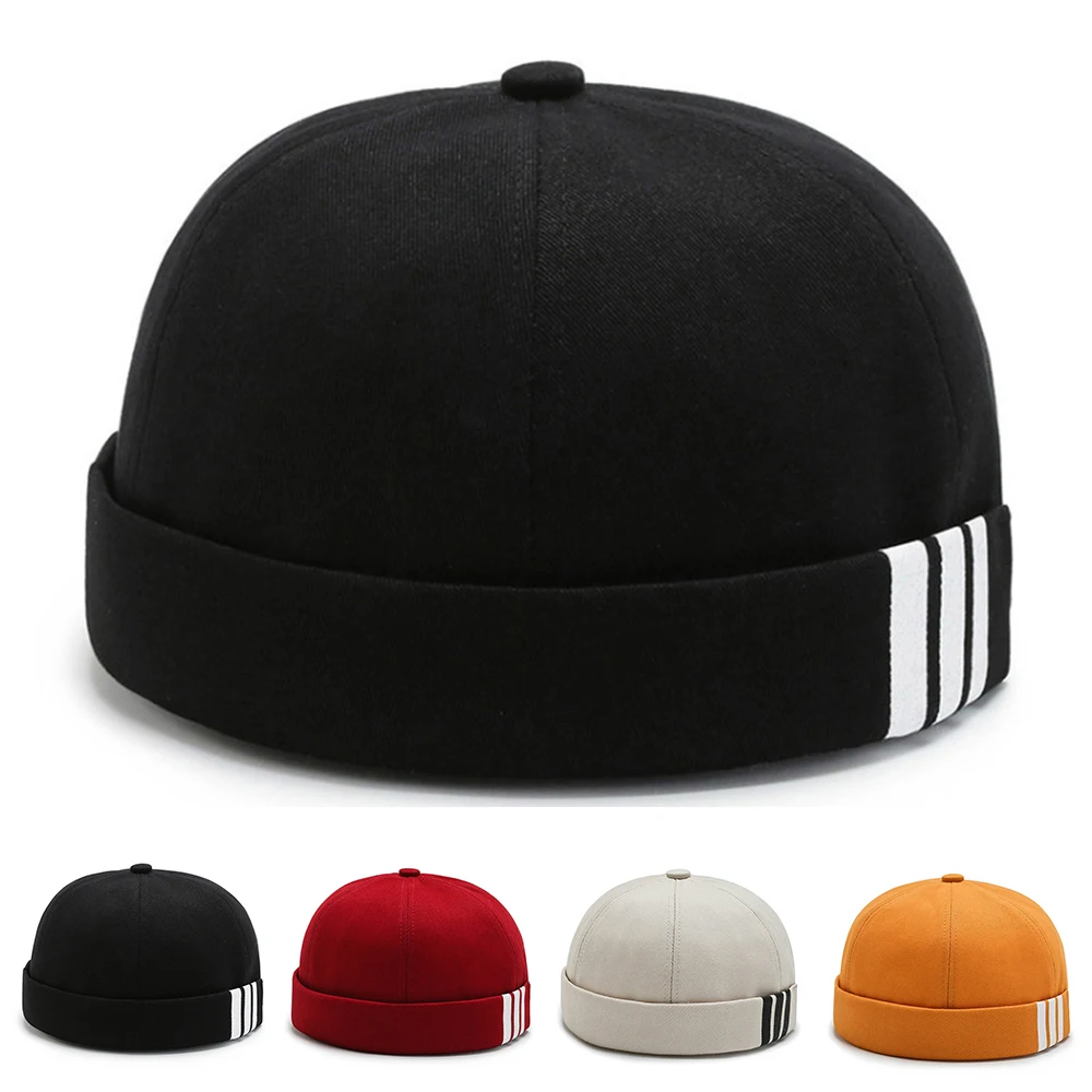 Fashion Docker Cap Stripe Print Skullcap Solid Color Sailor Cap Beanie Hats Men Women Bucket Cap Brimless Hat Adjustable Dad Hat