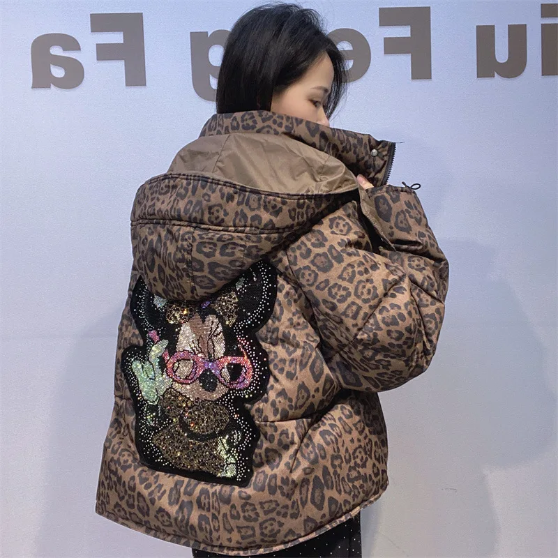 

Leopard Print Cotton Coat European and American Winter Casual Hooded Quilted Cotton Jacket with Rhinestones Cold-Proof Jacket