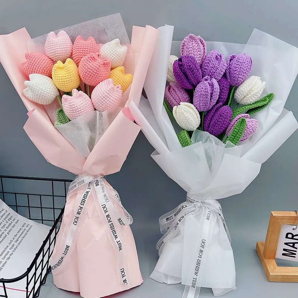 

10pcs Knitting Flowers Tulip Artificial Fake Flowers Bouquet Wedding Decoration Hand-woven Home Decorate Knit Fake Flower Gifts