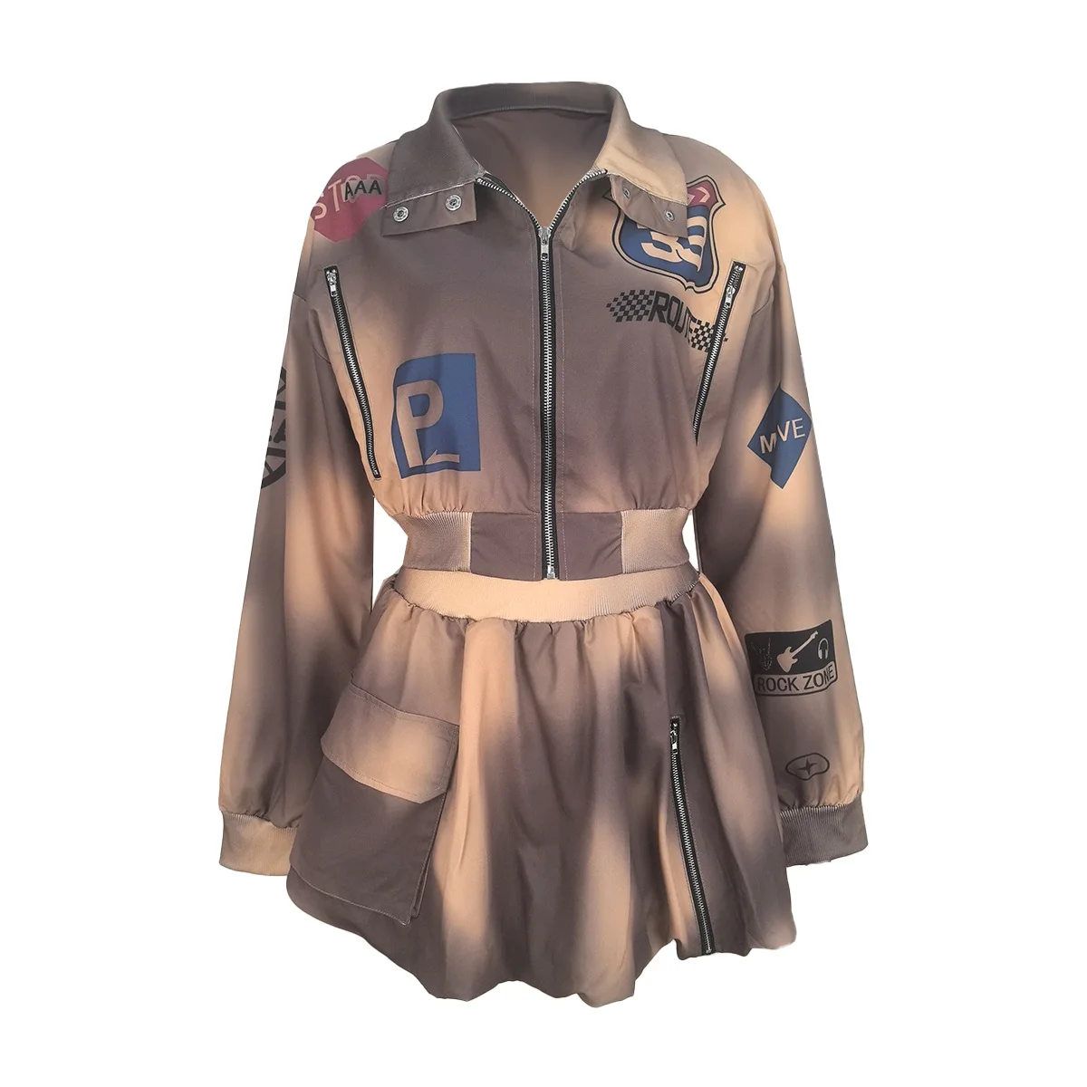 Divertente stampato donna 2 pezzi set fitness cerniera Fly Crop giacca a vita alta gonne a pieghe set coordinato 2025 autunno nuovo streetwear