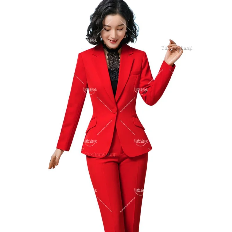 Red Dark Blue Black Women Pant Suit for Office Lady Two Pieces Set Size S-4XL Formal Work Career Blazer Coat With Pant Set Suit