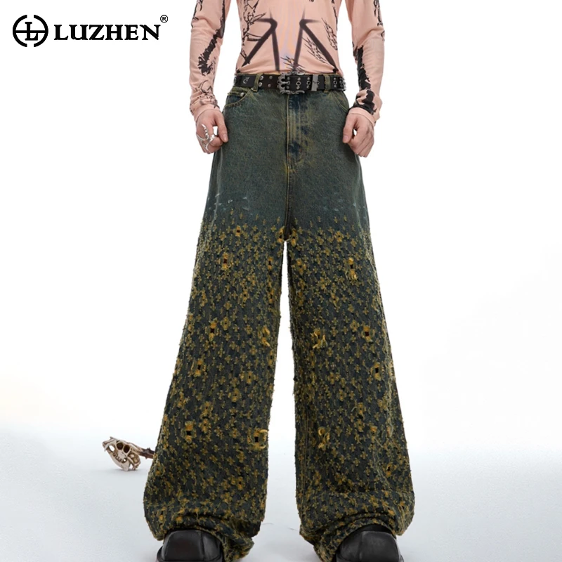 

LUZHEN Stylish Personalized Broken Hole Design Jeans Men's 2024 Fashion Original High Street Patched Loose Denim Pants LZ4059