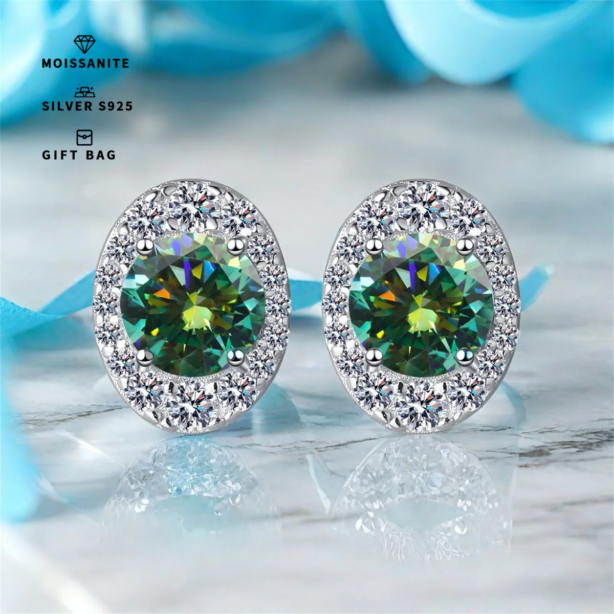 A pair of S925 sterling silver D-green stud earrings, oval bracket wrapped round GRA moissanite simple elegant stud earrings