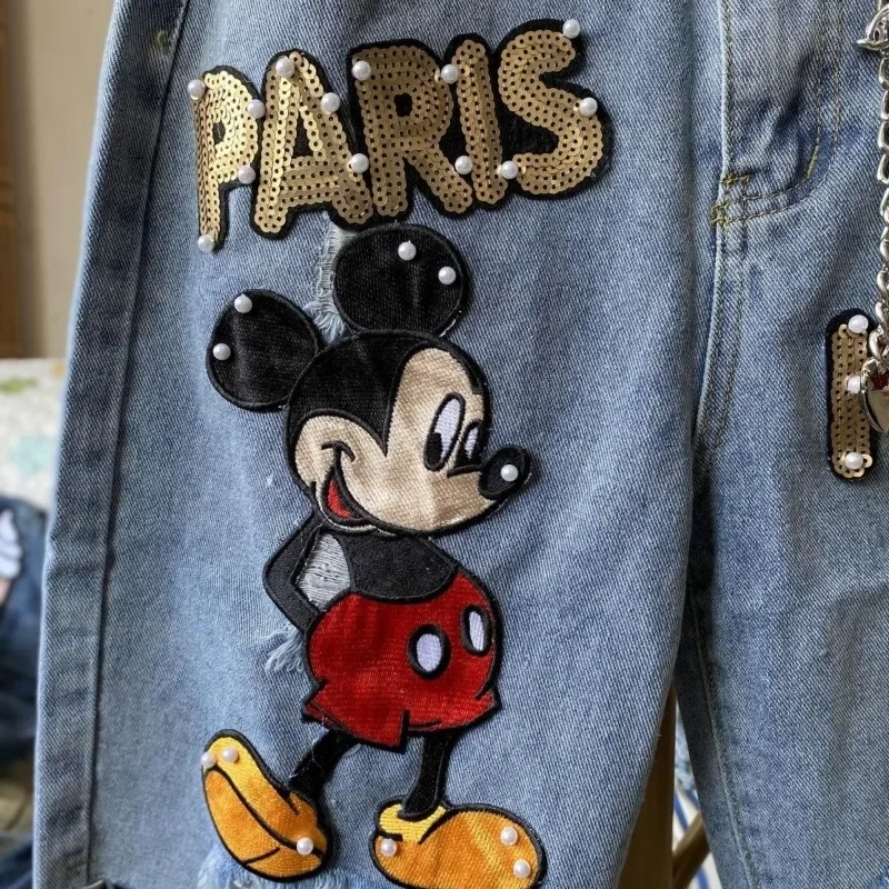 Schwere Industrie Cartoon Mickey Gestickte Hohe Taille Cowboy Shorts Frauen Sommer Plus Größe Lose Slimm 5/5 Gerade Bein Hot Pants