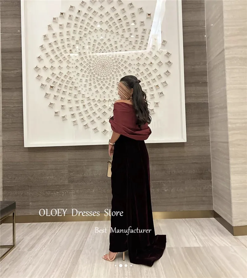 OLOEY 오프 숄더 다크 버건디 인어 벨벳 이브닝 드레스 빈티지 발목 길이 댄스 파티 드레스 공식 파티 드레스