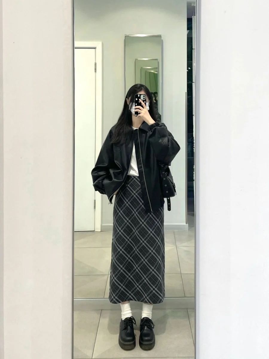 

Юбка миди с высокой талией в клетку, прямого кроя, с цветовыми блоками, зимняя, женская, модная, больших размеров, в комплекте с свитером