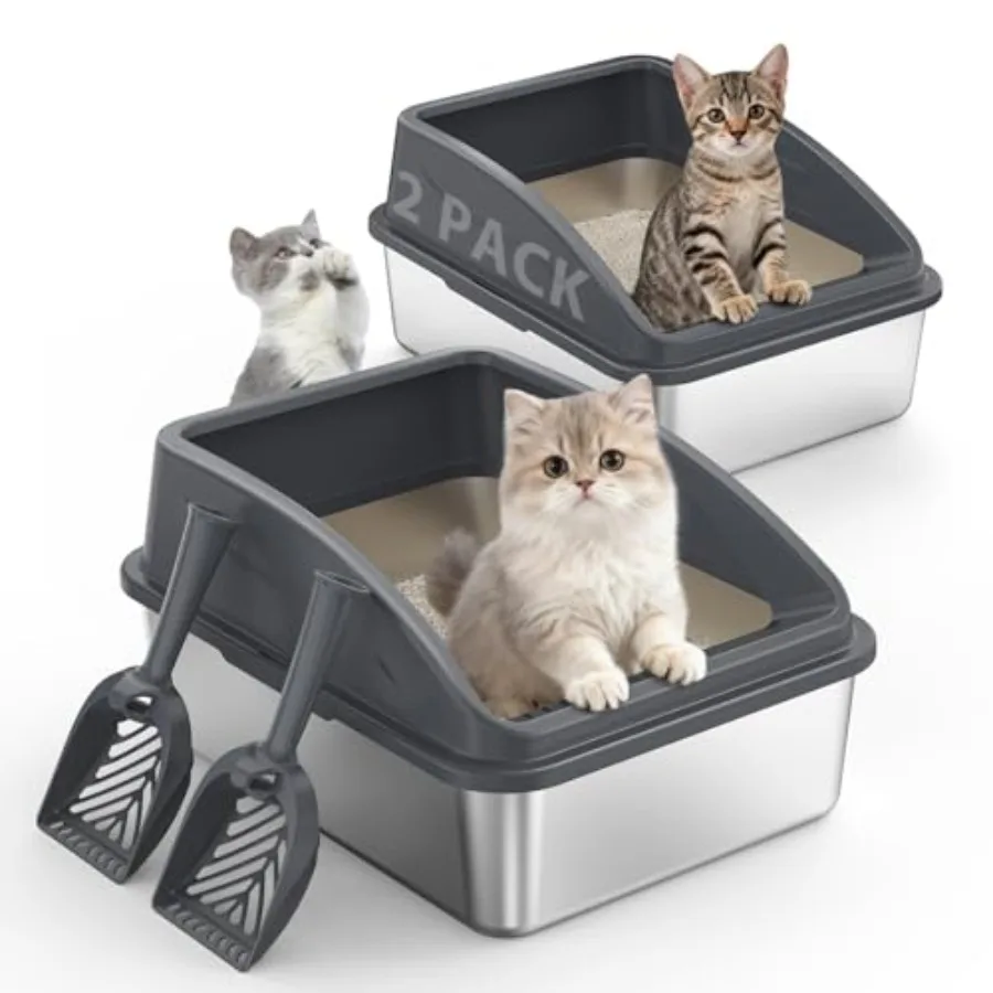 

2 Pack Stainless Steel Litter Box for Kitty Metal Kitty Litter Box with Lid High Sided for Cats or Injured Cats, Bunny Litter B