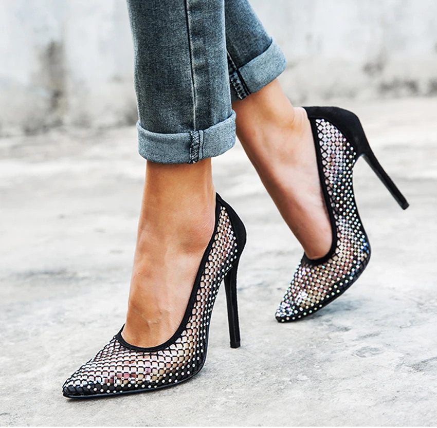 Crystal Pumps Mesh Net Cut Hollow Out Pumps Women Slip On Court Transparent Shoes Party Clubwear High Heel Stilettos 2023