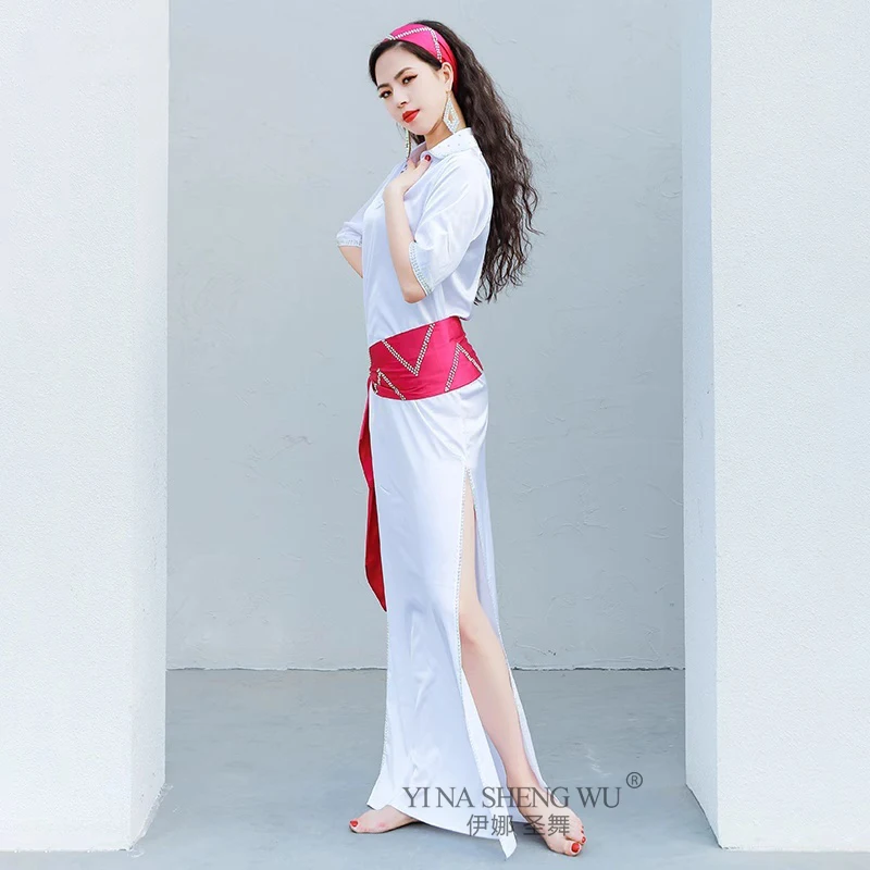 Novo barato egito baladi gasto saidi robe solto feminino dança do ventre oriental prática wite traje 4 peça conjunto com cinto