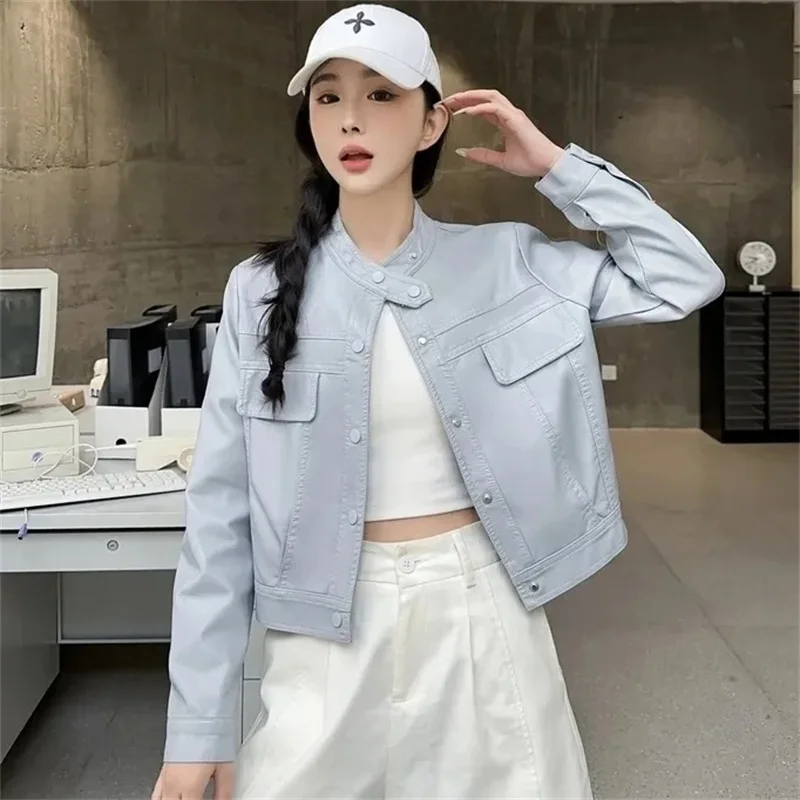 عالية الجودة بولي معطف معطف معطف جلد المرأة ربيع الخريف 2025 جديد أبلى سترة جلدية قصيرة سيدة الكورية معطف الموضة الإناث