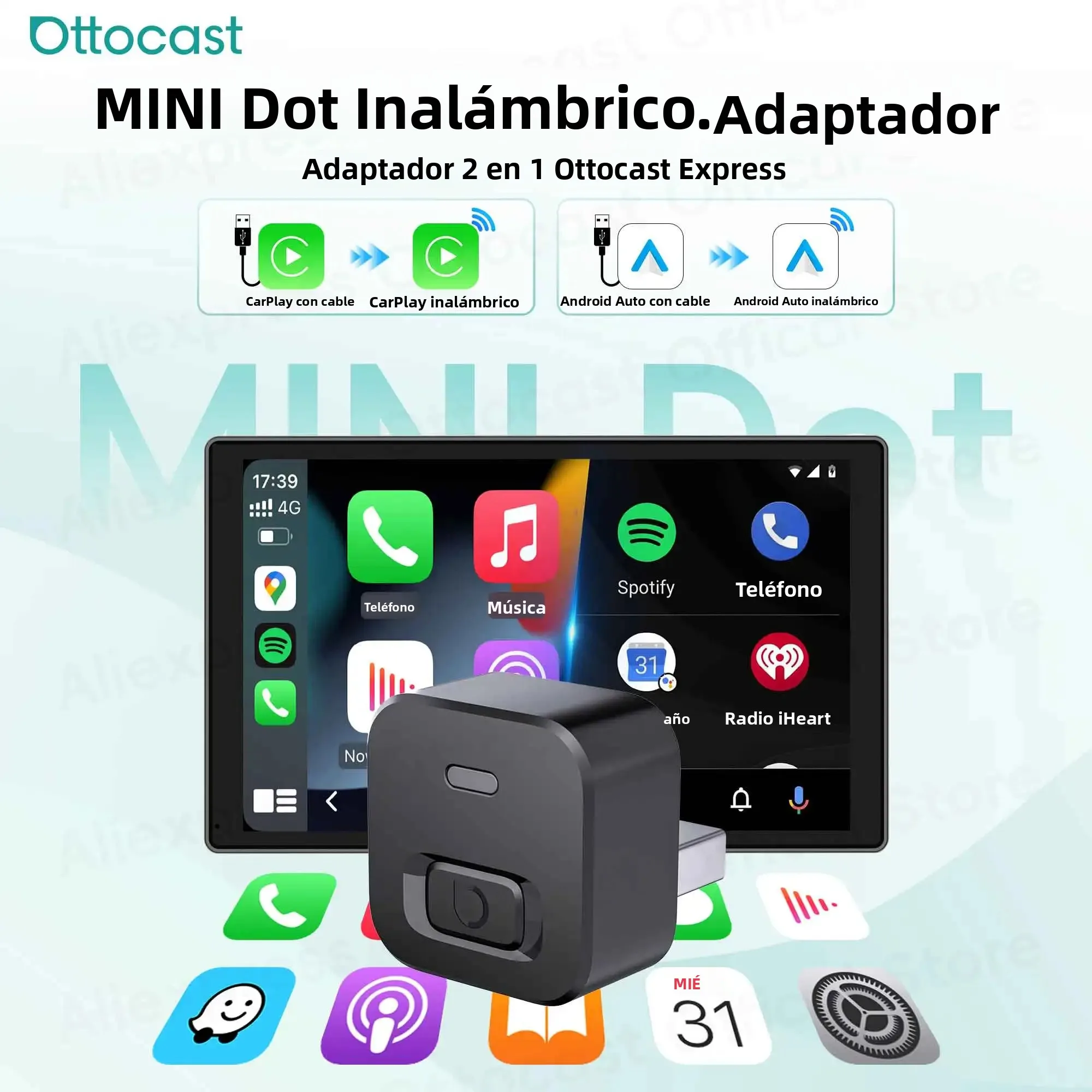 OTTOCAST pequeño adaptador inalámbrico CarPlay Android Auto Mini Dot Dongle accesorios de coche para Ford Toyota Chevrolet Honda Nissan Kia