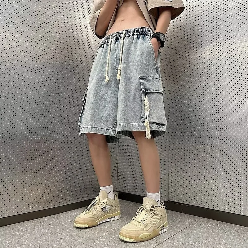 Men's Summer Pocket Drawstring Denim Shorts Fashion Loose Five Point Pants Male Hip Hop Streetwear Baggy Short Jeans