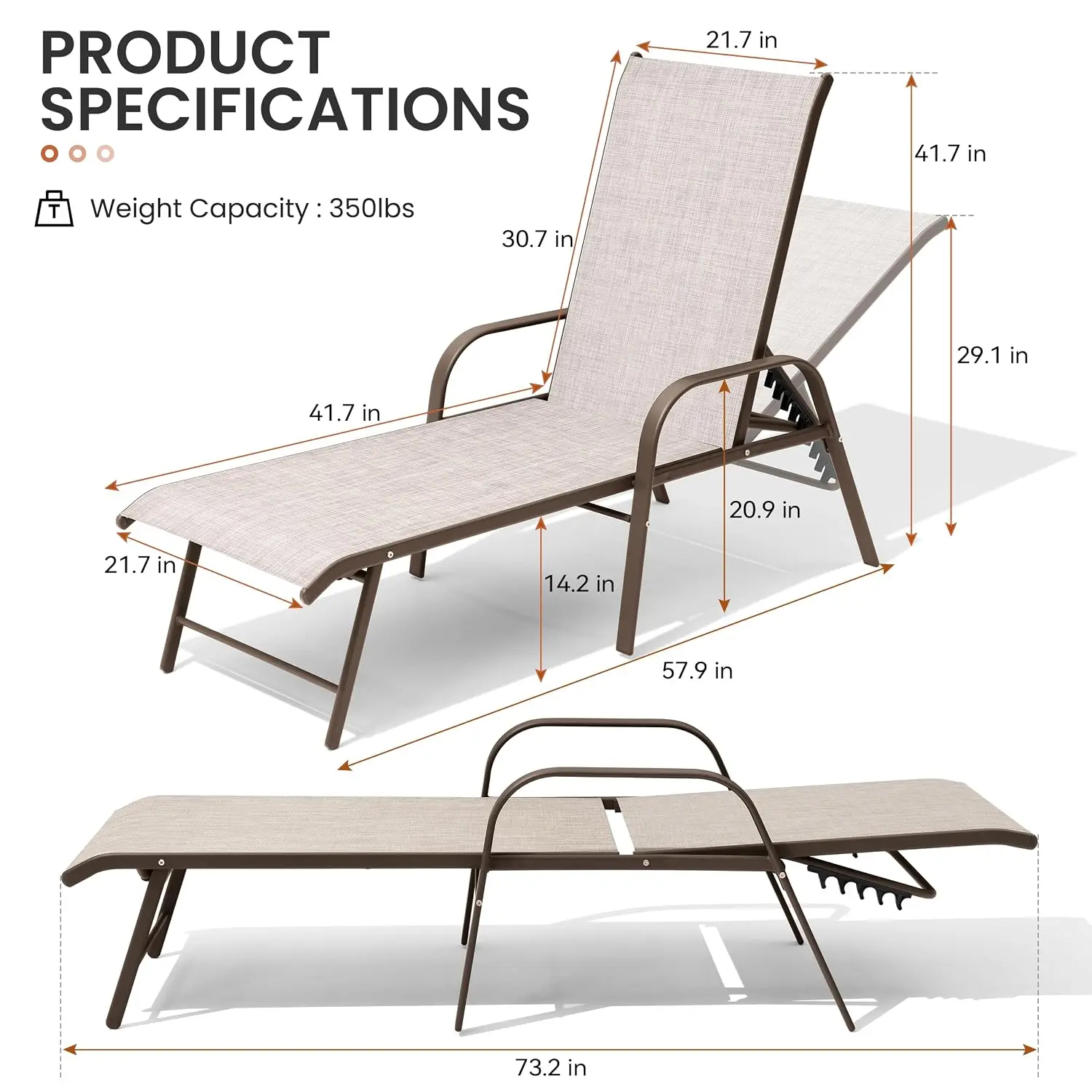 Adjustable Outdoor Chaise Lounge Set of 2, Rust-Resistant Aluminum Frame & All Weather Fabric for Patio, Customized