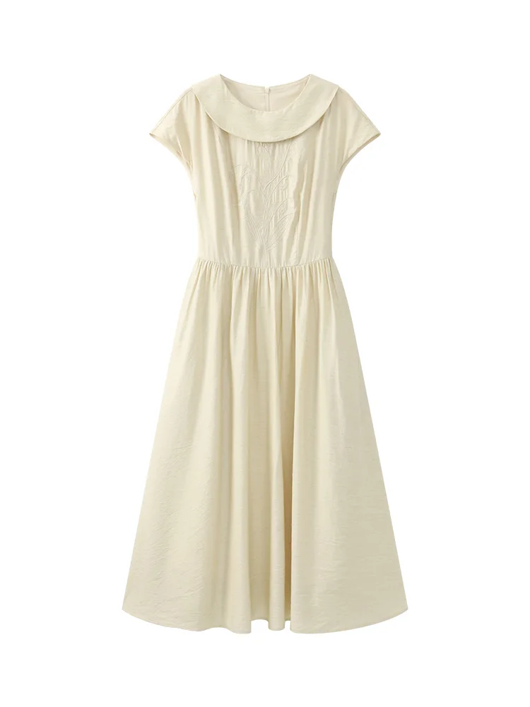 Elegante retro geborduurde jurk getextureerde zomer a-lijn maxi zonnejurk dames korte mouw vloeiende jurk lelie bloemen detail terug stropdas