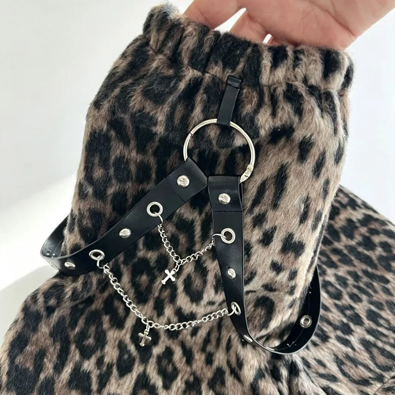 Y2K Punk Leopard Faux Fur Leg Warmers for Women, Alternative Flared Leg Cuffs with Rivet Strap & Cross Chain, Gothic Boot Covers - view 5