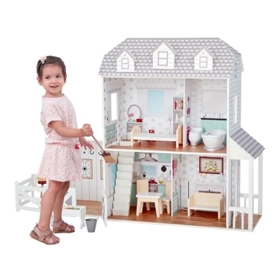 

Dreamland Farm House Wooden Pretend Play Doll House Dollhouse For 12" Doll with 14 Pieces of Furniture - White / Gray