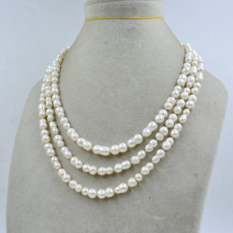 The last 3 rows  8MM natural shaped 8 word cultured freshwater pearl necklace. Glamour Women Wedding Party Gift Luxury Jewelry