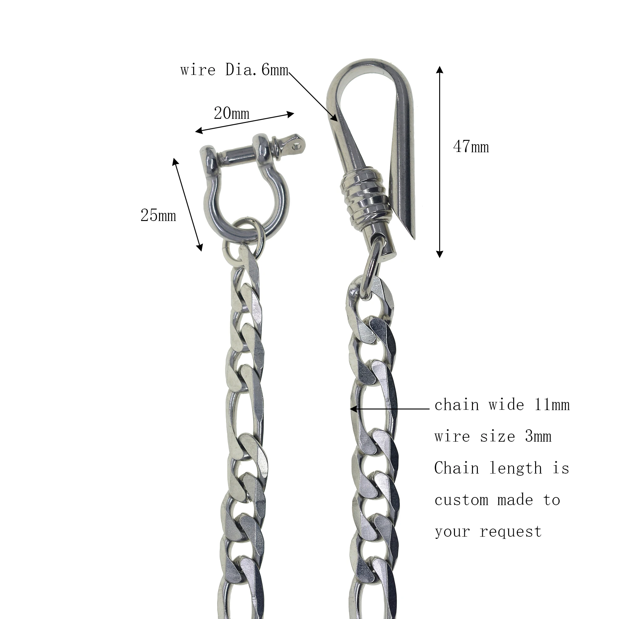 Stainless steel  wallet jean trousers biker keychains D joint shackle simple U 6mm wire U hook extra large cuban figaro chain