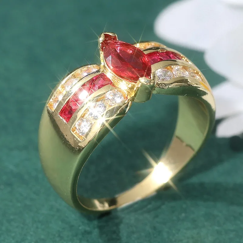 Modischer goldfarbener, mit weißen und roten CZ-Steinen besetzter Damenring, geometrischer Schmuck für den täglichen Gebrauch, Partyschmuck – Detail 4