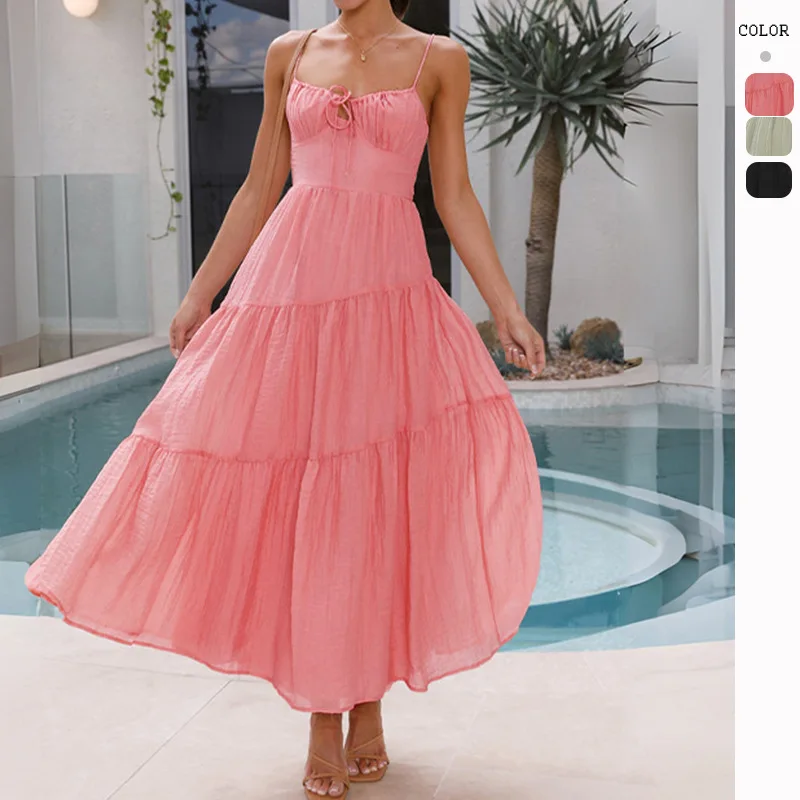 

FIGOHR Summer Women's Beach Style Spaghetti Straps Solid Long Dress Sexy Hollow-out Dress Female Causal A-Line Dress