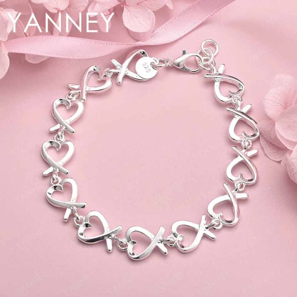 

925 Sterling Silver 8-inch Exquisite Heart-Shaped Bracelet for Women, Fashion Party Accessories, Wedding Jewelry