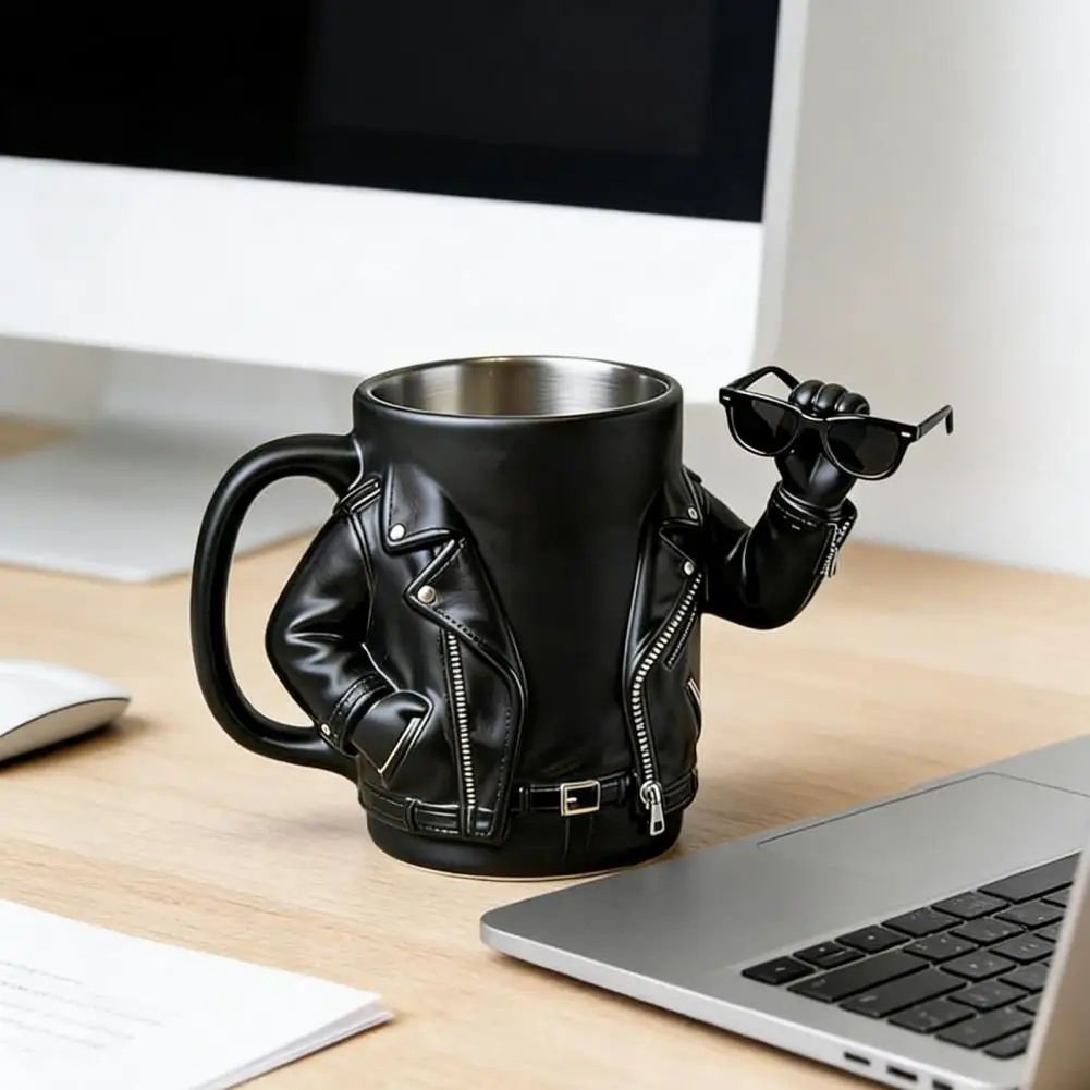 Unique Coffee Mug Motorcycle Jacket Mug Novelty Biker Jacket Coffee Mug 200ml Resin Cup Stainless Steel Coffee Cup for Men