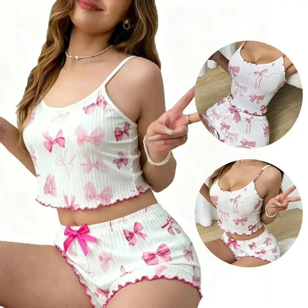 2Pcs/Set Casual Two-Piece Set Sling Pajama Set Round Neck Backless Camisole Set Breathable Bowknot Print Nightwear for Women