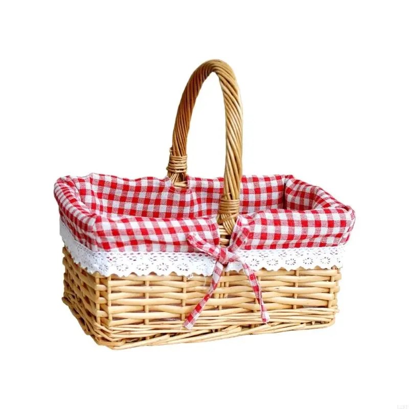 B2RF Canasta mimbre tejida a mano elegante para picnics, acampar y almacenamiento en hogar con agarre cómodo y forro