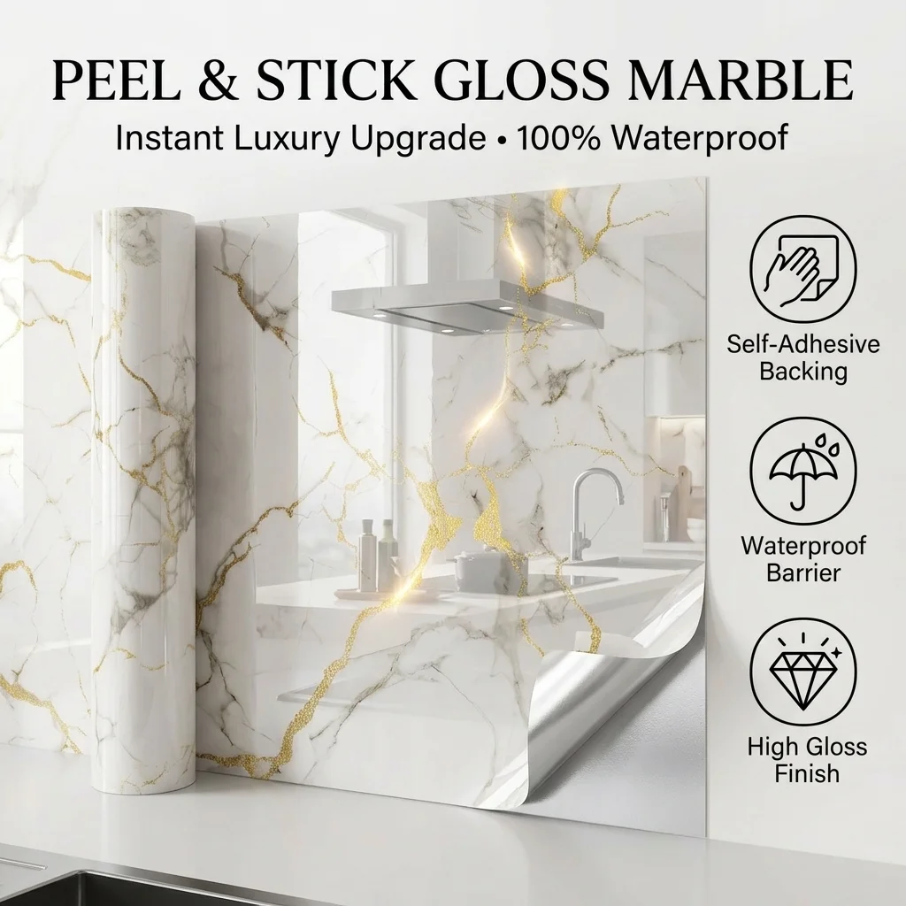 Heavy Duty Stick-on Tile Wallpaper High Tack Water-Resistant Marble Pattern Vinyl Wall Sticker for Shower Bathroom Home Decor