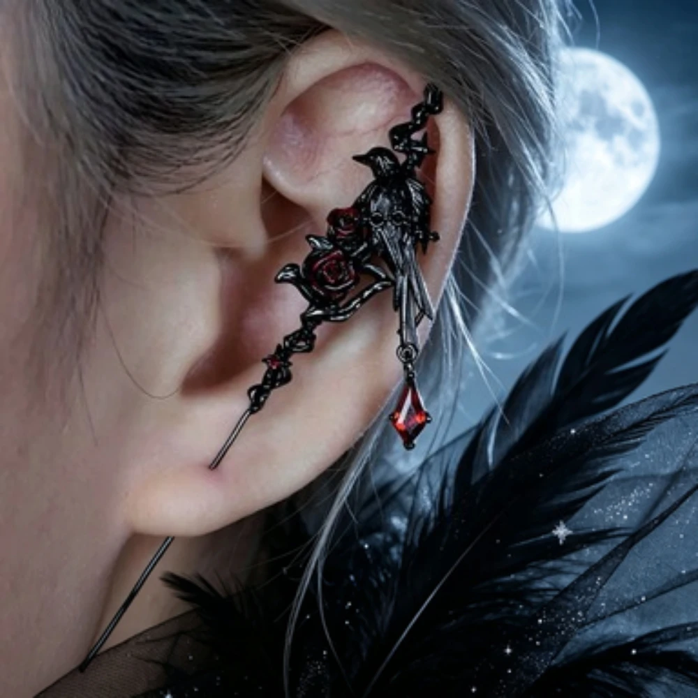 1PC Dark Red Rose Crow Earrings Gothic Earring for Girl Irregular Black Bird Cross Star Ear Needle Jewellry