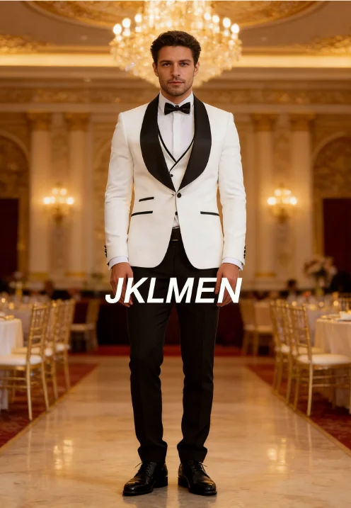 

2025Gentlemen Men's Suits White Blazer Vest Black Pants 3Piece Shawl Lapel Single Breasted Formal Clothing Wedding Groom Costume