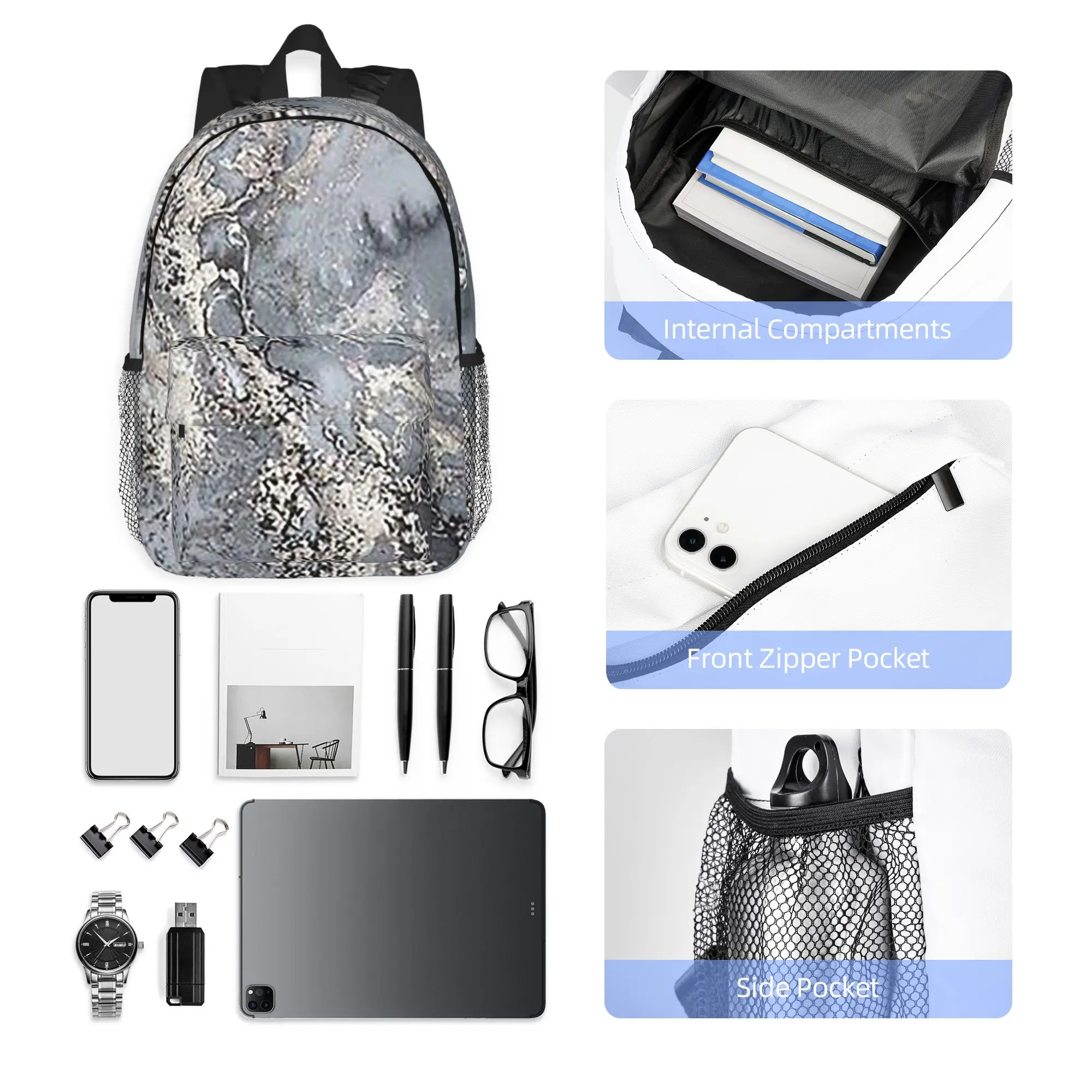 Grey and silver Marbl Backpack Hot Sale Daypack Large Capacity Boys Girls BookBag Shoulder Bags for Men Women School Bag