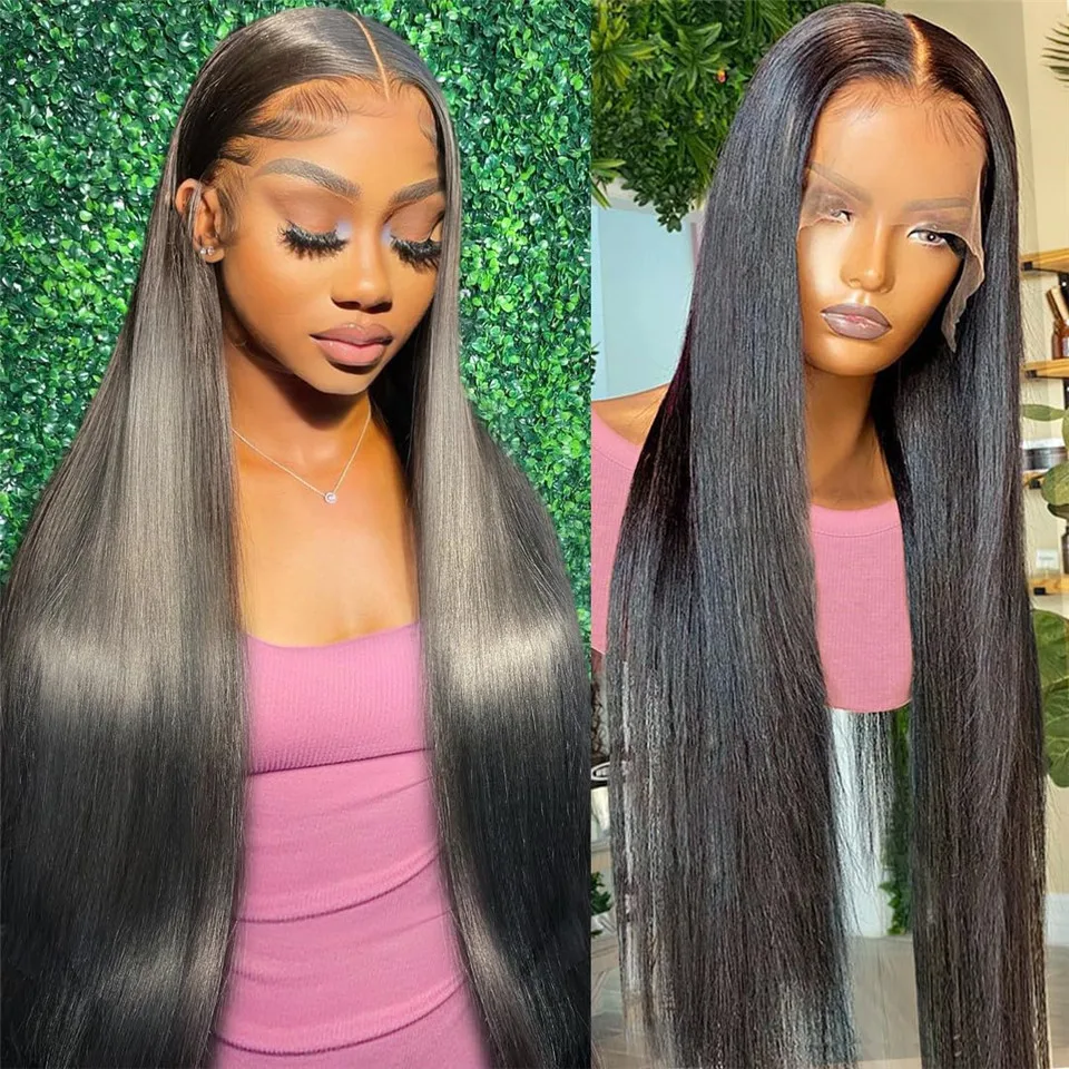 Bone Straight Lace Front Wig Preplucked Natural Color 34inch Lace Front Wigs Human Hair Natural Hairline Can Be Dyed Density 180