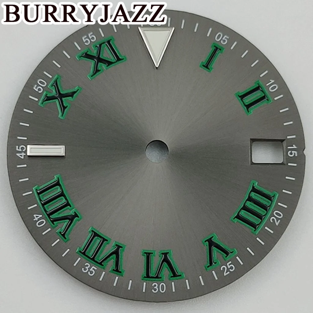 

BURRYJAZZ 28,5 мм без логотипа NH35, циферблаты для часов, цвет пистолета, циферблат, зеленый, светящийся, подходит для 3 часов, 3,8 часов, корона