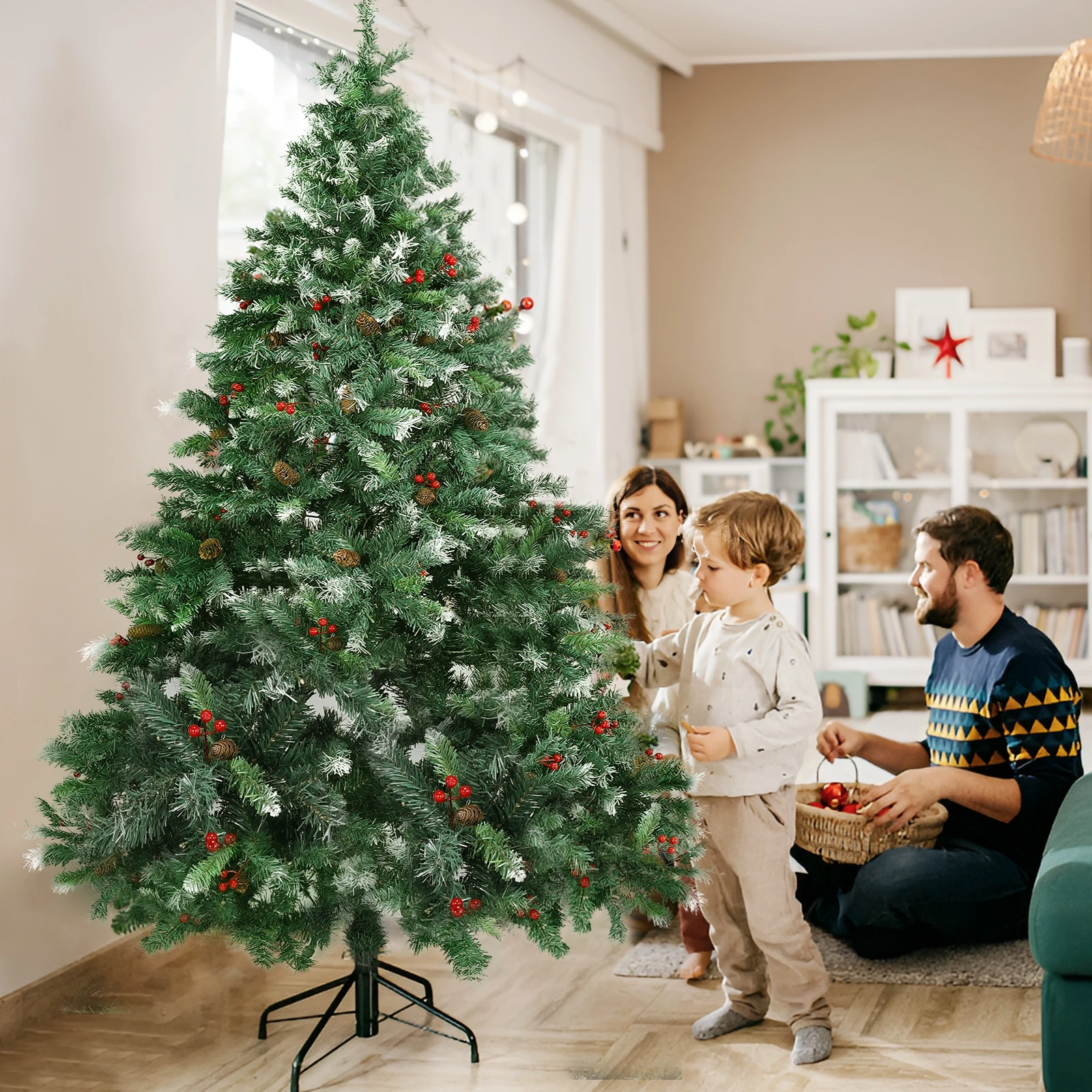 7-foot Pre Decorated Pencil Christmas Tree with 1183 PVC Plush 64 Groups of pine cones 400 LED warm white lights