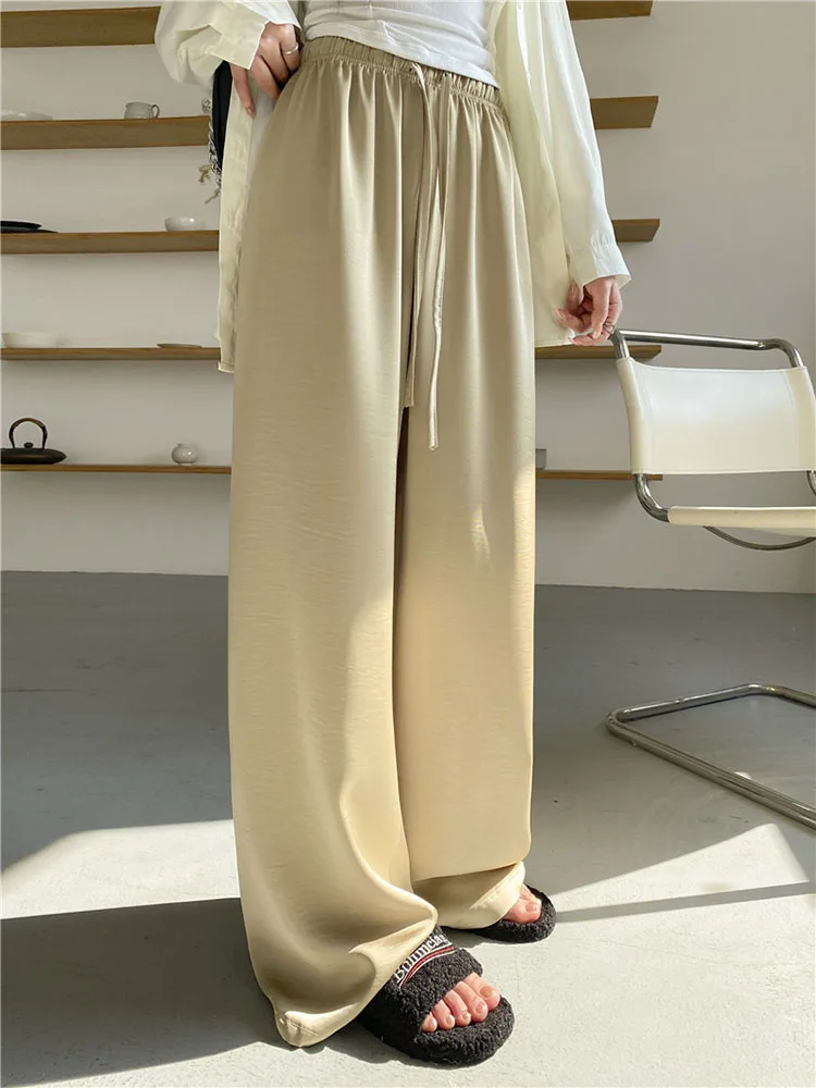 Women's Summer Wide-leg Pants Imitate Acetate Fiber Ice Silk Straight Trousers Streetwear Elegant Nice Cool Satin Casual Pants