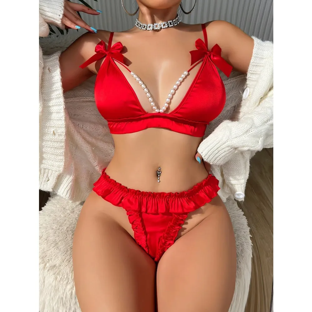 

Прозрачное сексуальное эротическое белье, комплект нижнего белья, женское искушение, жемчуг, бант, нижнее белье, бюстгальтер, подвязки, трусики, комплект порно, экзотические костюмы