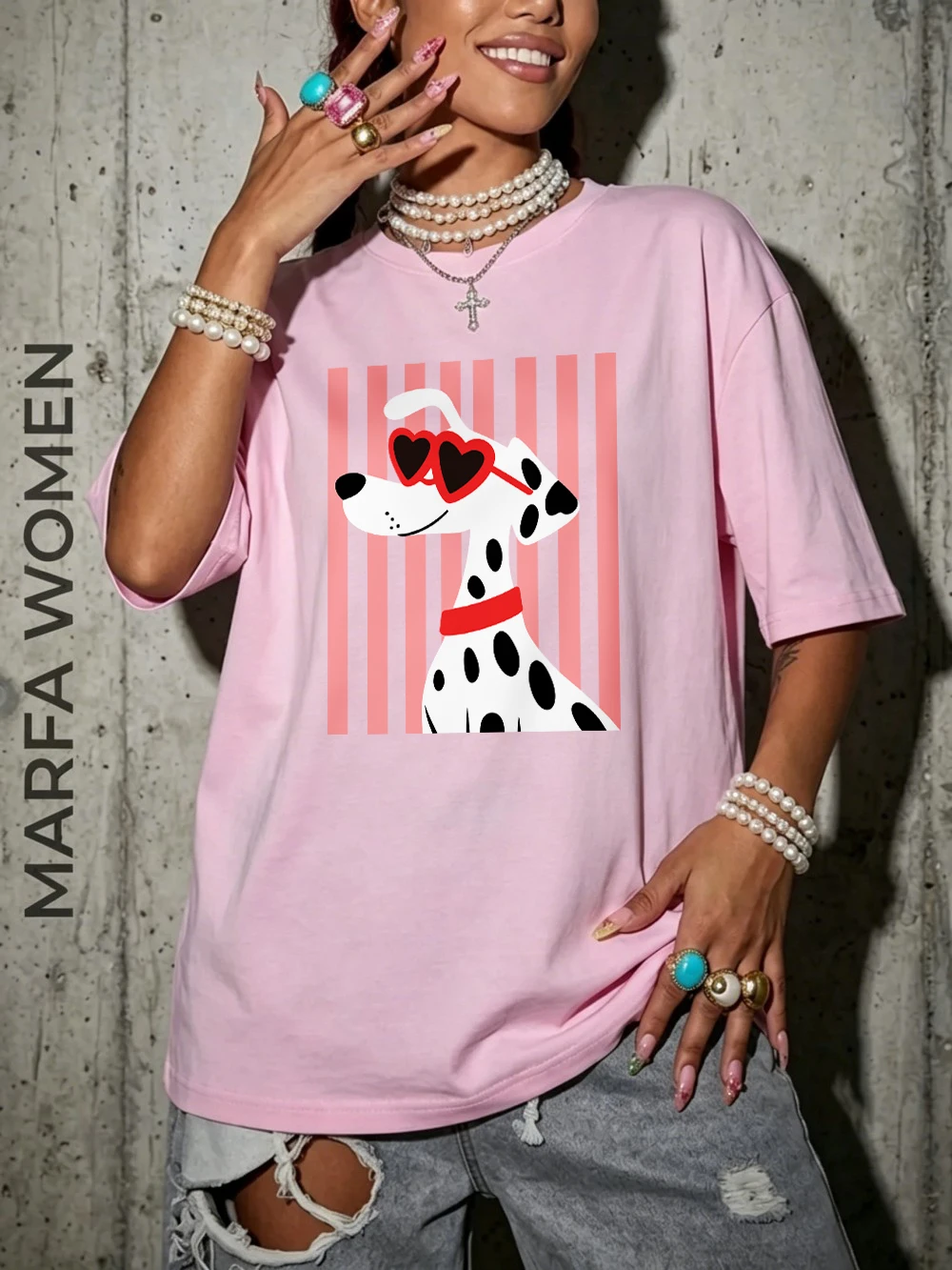 Herzförmige Sonnenbrillen Dalmatiner-Hundemotiv T-Shirts Damen Baumwolle Sommer Übergroße Oberteile O-Ausschnitt Kurzarm-T-Shirts Weiche Streetwear – Detail 15