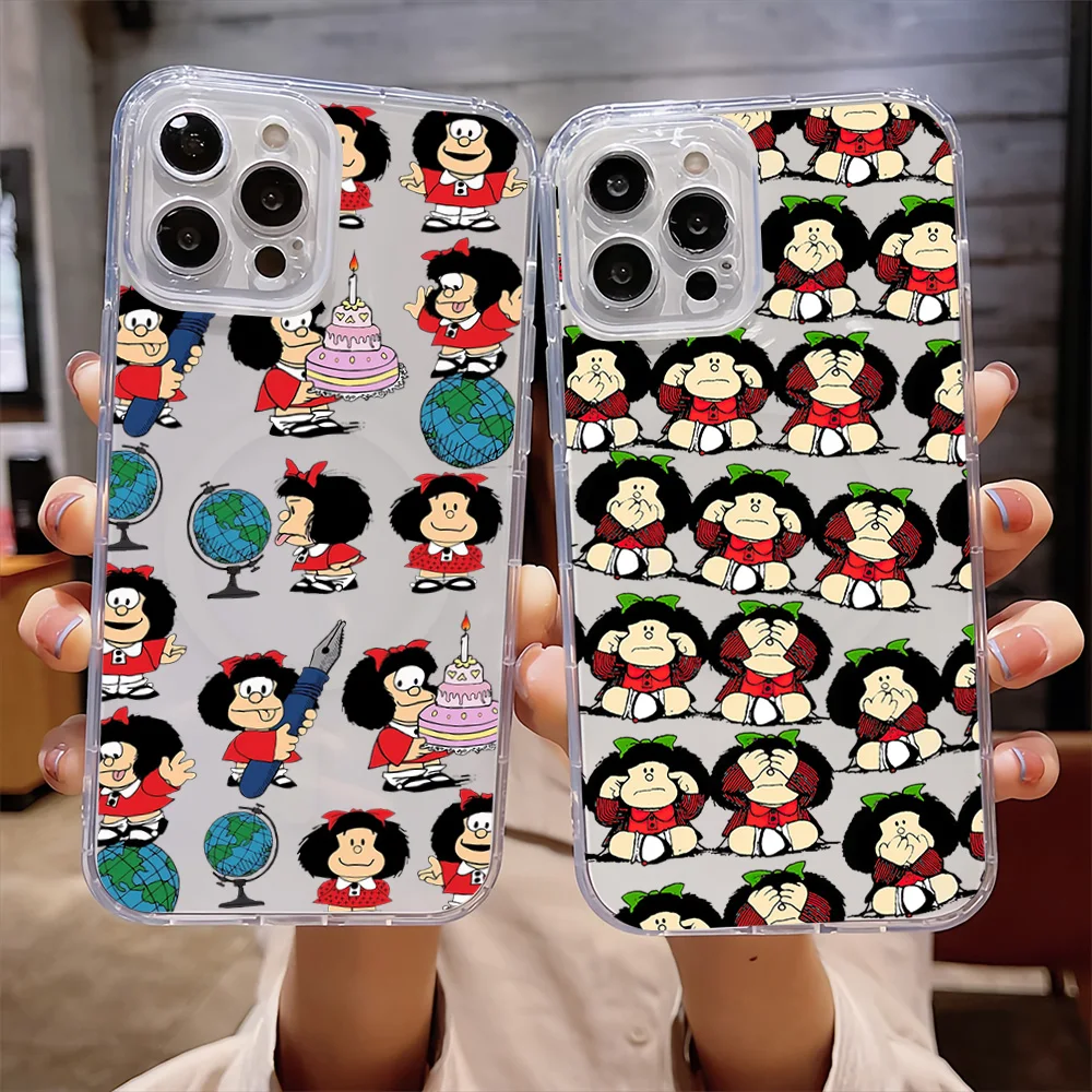 Cartoon Mafalda Cute For IPhone 16 15 14 13 12 11 Pro Max Plus Transparent Magnetic Suction Phone Case