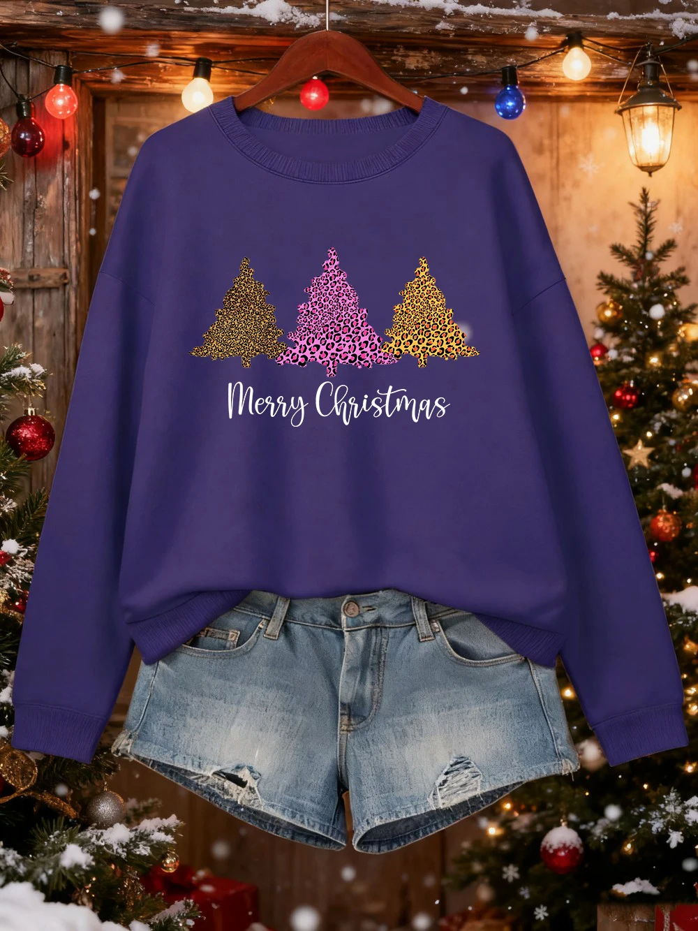 メリークリスマスヒョウツリープリントスウェットシャツ女性フリース暖かいベーシックパーカークルーネックルーズトップス冬カジュアルレディース服