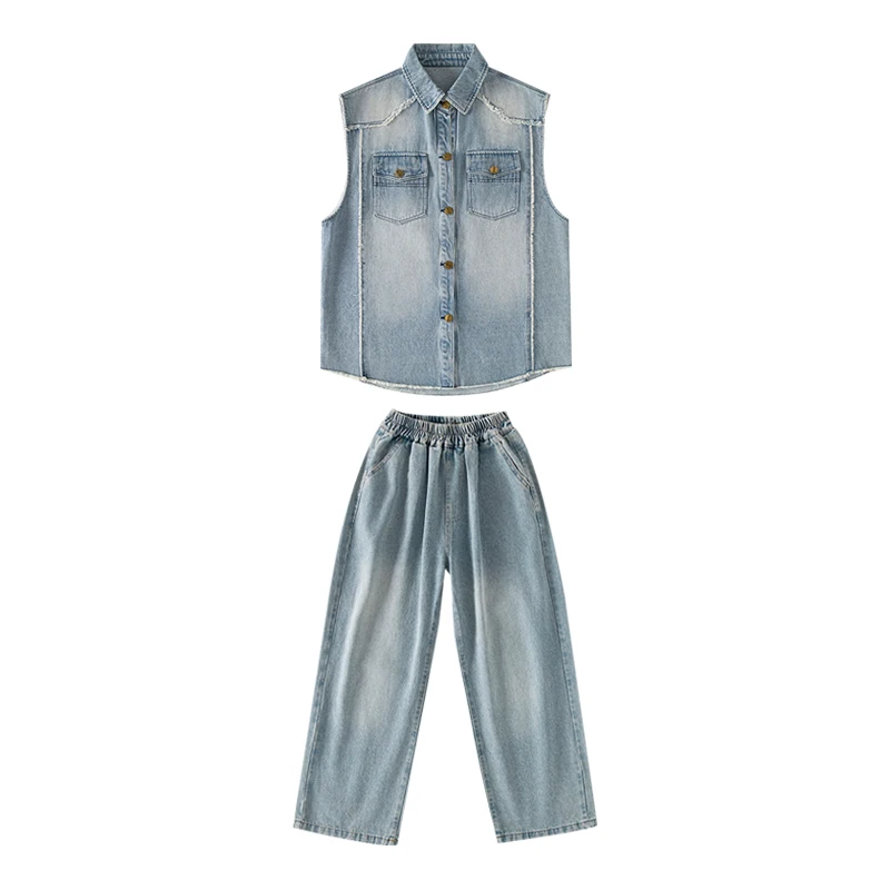 Novos meninos denim colete calças hip hop terno meninas jazz desempenho trajes grupo de salão hip hop dança festival roupas rua wear