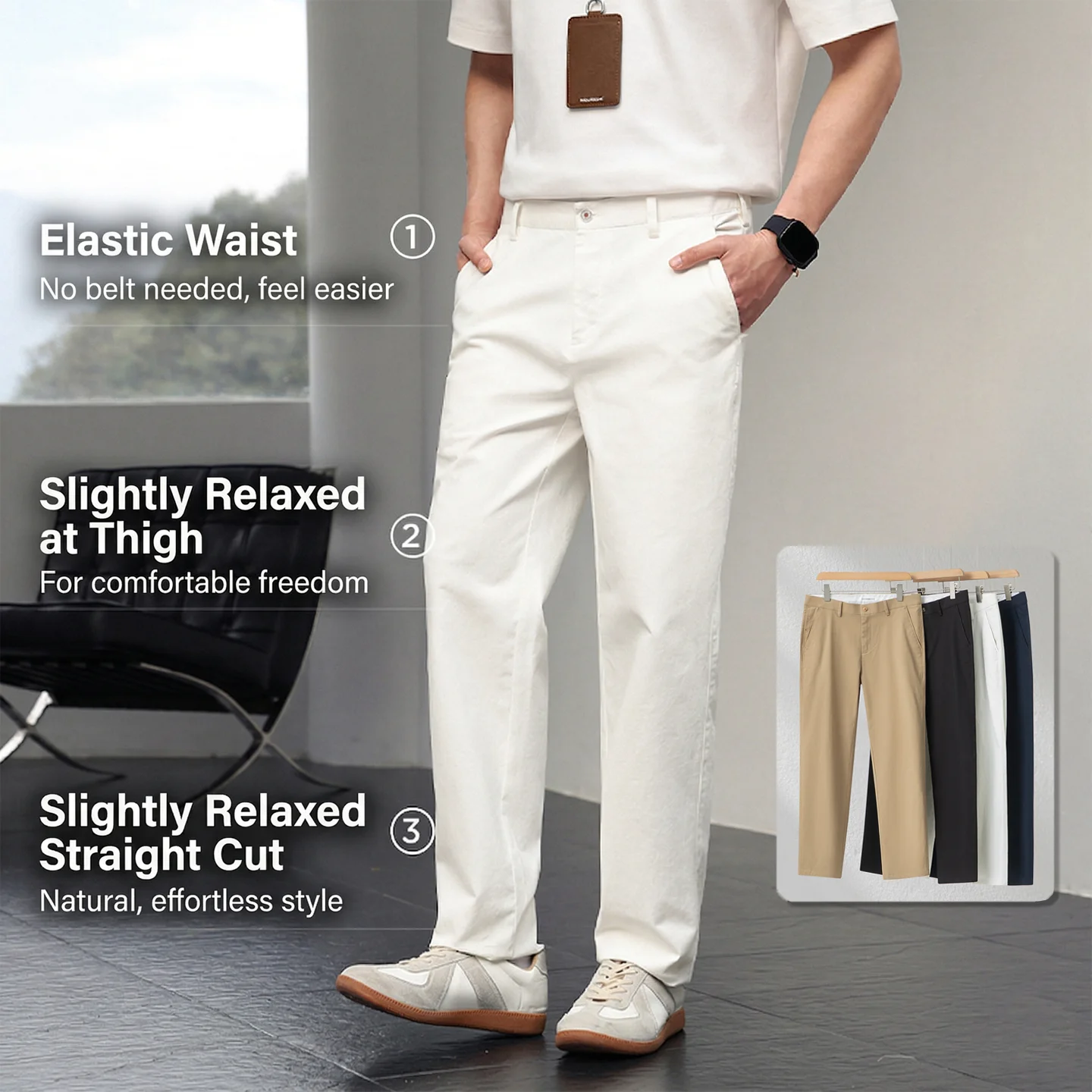 Calças Chino Masculina Algodão Premium Corte Reto Cintura Elástica Verão Respirável Resistente a Rugas Casual Negócios Trabalho