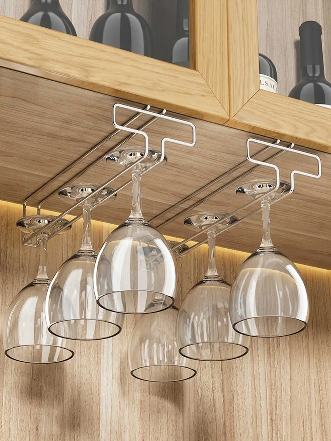 WORTHBUY Estante de vino de acero inoxidable, estante de almacenamiento para tazas de vino colgante al revés, soporte para copas de vino, gabinete para el hogar